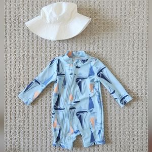 Baby boy swim set rashguard Onepiece and sun hat 6 months